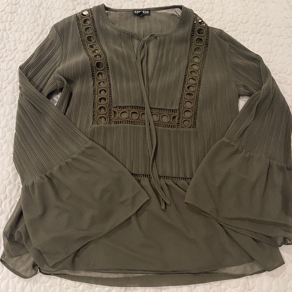 Express XS double top olive green long sleeve blouse with underneath embroidered